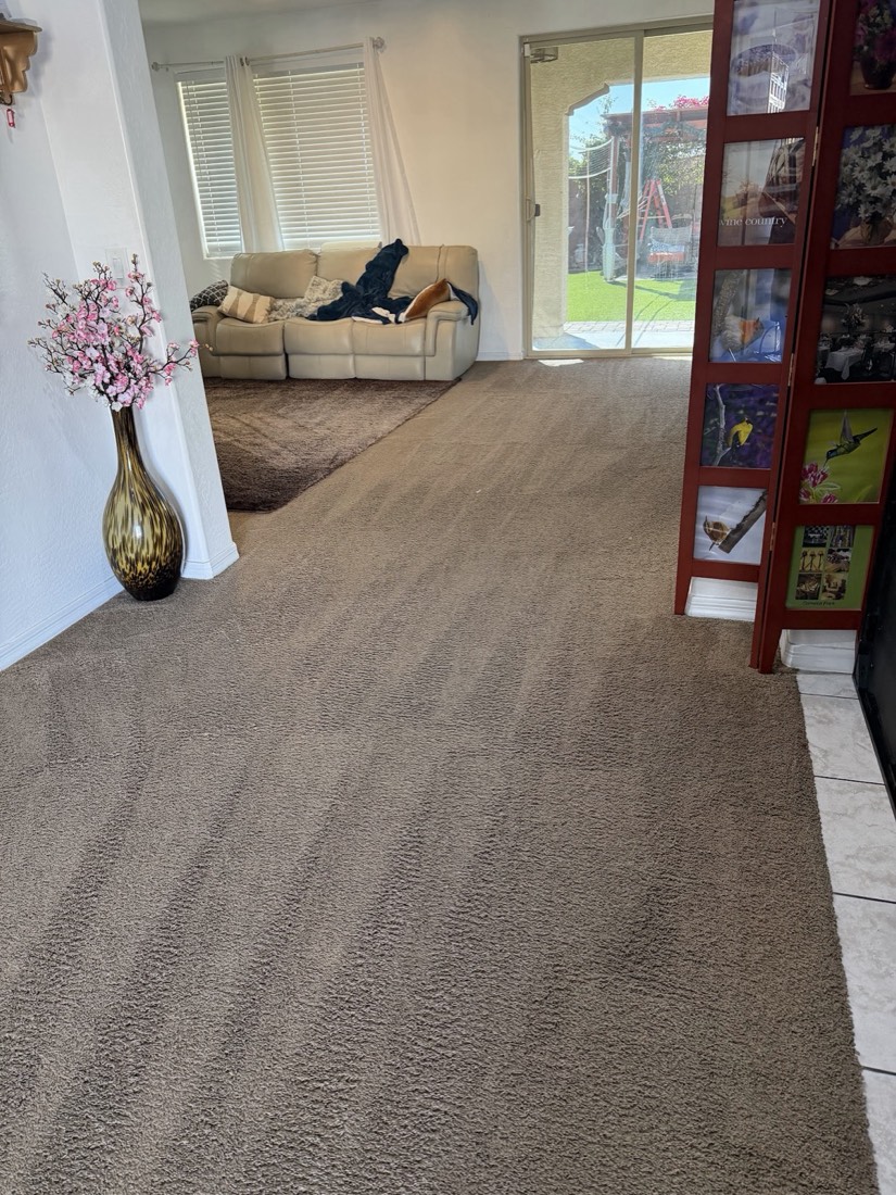 A long clean carpeted room opening onto a tile entry